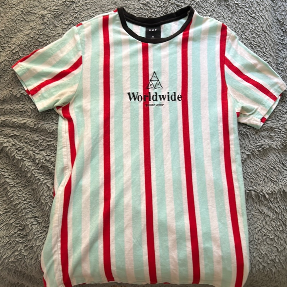 HUF men’s medium red, white and mint striped tshirt
